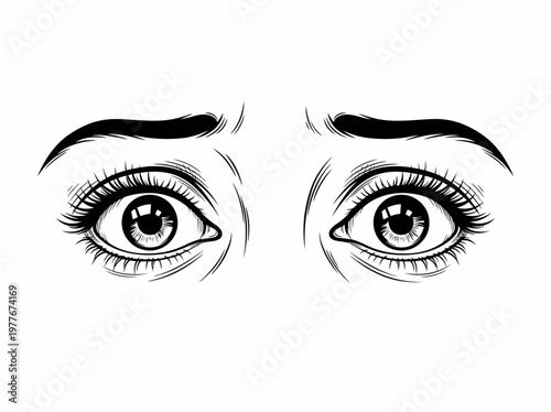 Detailed black and white vector graphic illustration depicting a pair of wide eyes expressing feelings of surprise or intense anxiety through sharp clean ink lines