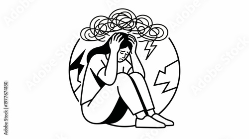 Stressed woman sitting and holding her head in despair as a vector graphic illustration depicting overwhelming negative mental state during a very difficult life period