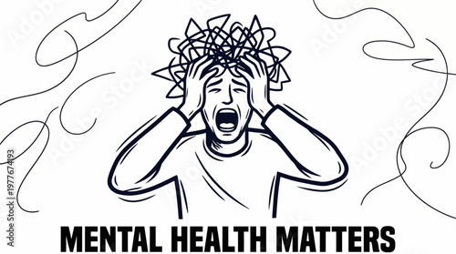 Stressed person holding head in despair as a visual vector illustration representing mental health struggles and psychological confusion within a simple clean black and white design