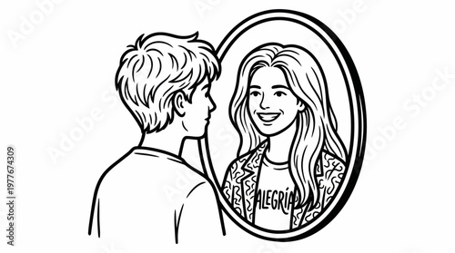 Young person looking into a mirror and seeing their confident true self reflected back as a smiling woman in this clean black and white vector illustration