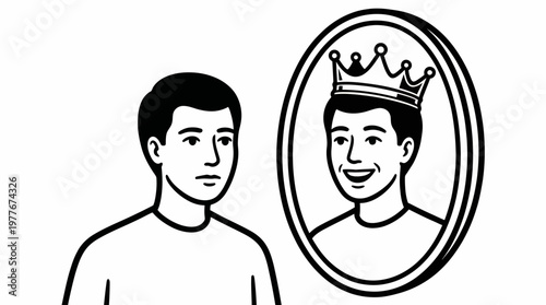 Young man looks into a mirror to see his confident inner reflection wearing a golden crown in this creative black and white vector graphic line illustration