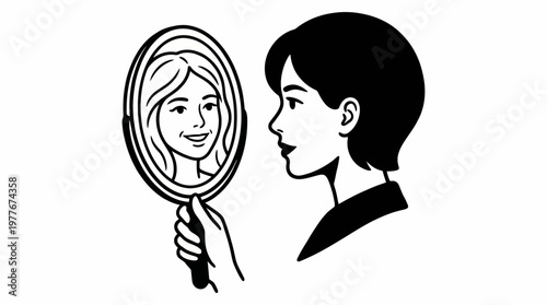 Young woman looking at her own reflection in a hand mirror to represent self love and confidence within this simple black and white vector graphic design