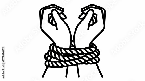 Simple black and white vector illustration showing human hands tied together tightly with thick rope representing a sense of restriction or loss of personal physical freedom