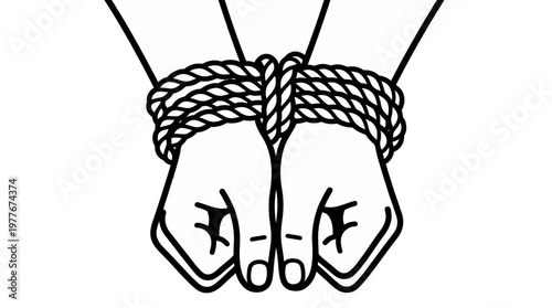 Minimalist black and white vector illustration showing human hands tied together tightly with thick rope representing a sense of restriction and loss of personal individual freedom