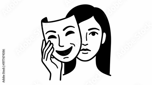 Minimalist vector line art illustration featuring a woman hiding her true sad face behind a happy theater mask to portray concept of fake human emotion