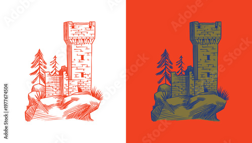 Old castle and tower of a medieval construction. Fortress or Chateau with ruins and walls. Hand drawn engraving in traditional style. Lineart illustration for branding.