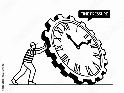 Minimalist vector graphic illustration of a person pushing a large clock gear representing the intense stress of working under strict deadlines in a professional environment