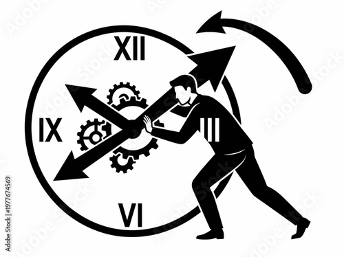 Businessman pushing back the clock hand in this minimalist vector illustration representing the concept of time management and efficiency in a professional corporate business setting