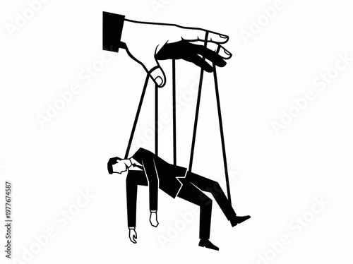 Minimalist black and white vector illustration depicting a large controlling hand manipulating a businessman like a helpless puppet with strings attached in a corporate setting