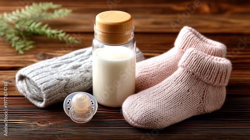 Cozy Comfort: Warm Socks, Natural Soap, and Fresh Milk on a Rustic Wooden Surface with Pine Sprig