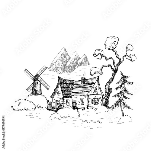 Winter country house, a cottage under a fir tree and a windmill.