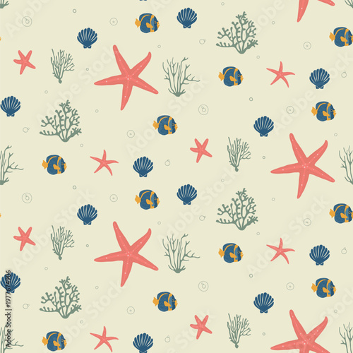 Seamless pattern with starfish, coral reef, blue reef fish and sea shell