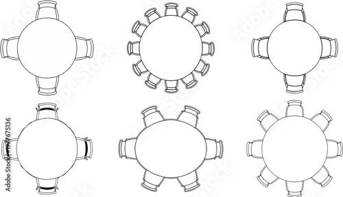 Top view vector illustration of round conference tables with various seating arrangements for interior design