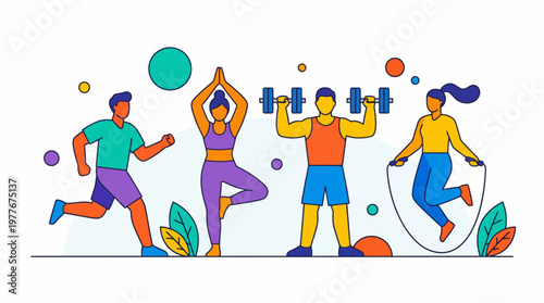 Energetic group of diverse people performing various physical exercises including running and lifting weights in this colorful flat vector graphic design for healthy lifestyle concepts