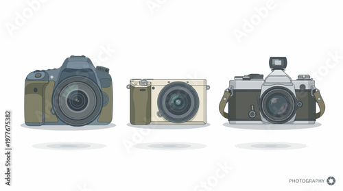 Professional photographic camera set featuring a modern digital dslr a compact mirrorless device and a classic vintage film shooter in a flat clean vector graphic style