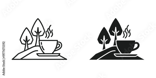 Contrast between traditional and modern coffee cup illustrations with steam and leaf motifs