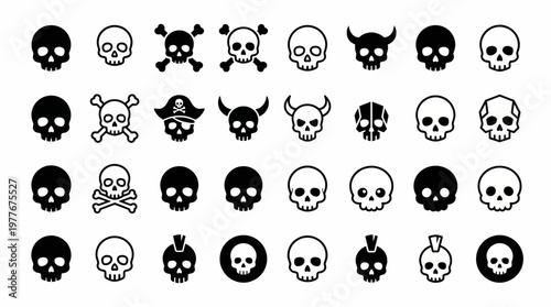 Diverse collection of minimalist skull icons featuring various styles like horned pirate and geometric designs for creative vector graphic projects in a clean modern set
