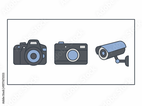 Digital camera compact camera and surveillance device icons presented as a clean vector graphic design set for modern professional security and photography technology interface website projects