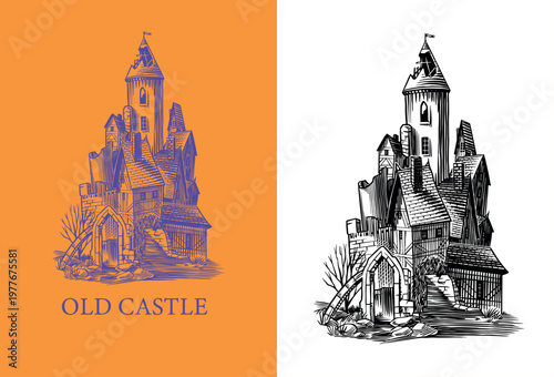 Old castle and tower of a medieval construction. Fortress or Chateau with ruins and walls. Hand drawn engraving in traditional style. Lineart illustration for branding.