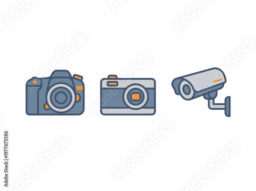Professional digital photography camera and compact point and shoot camera alongside a mounted outdoor security surveillance equipment unit depicted in this clean flat vector graphic set