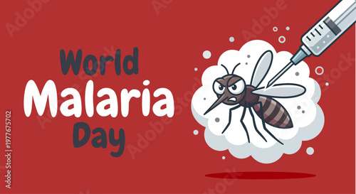 World Malaria Day awareness banner with cartoon mosquito character getting a vaccine injection vector illustration