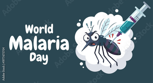 World Malaria Day awareness banner with cartoon mosquito character getting a vaccine injection vector illustration