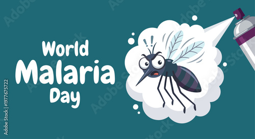 World Malaria Day awareness banner featuring angry mosquito character sprayed by insecticide on GREEN background