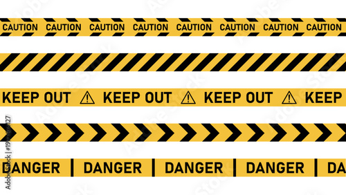 Collection of various hazard warning tapes with caution danger keep out text