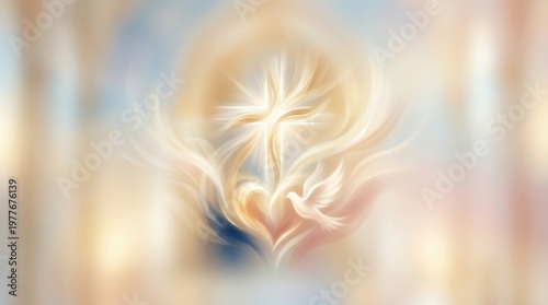 Spiritual Christian background with glowing cross, holy spirit dove and heart symbol. Divine light and grace concept for religious holidays, Easter, baptism and church worship events.