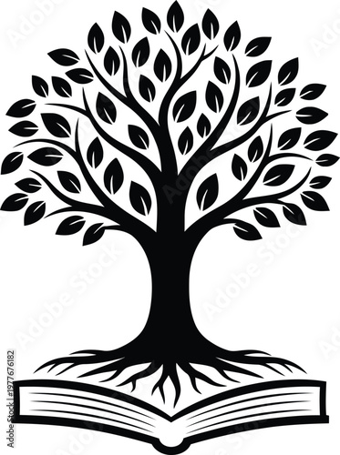Tableau sur toile A black and white illustration of a tree growing out of an open book