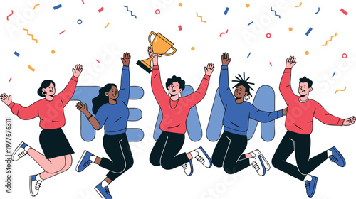 Celebrating success a diverse group of people joyfully jump for victory