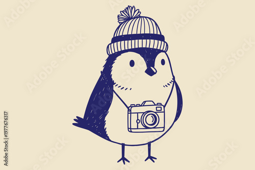 Hand Drawn Blue Line Art Photographer Bird, Playful Vintage Camera Illustration