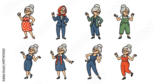 Elderly women posing collection diverse outfits isolated white background