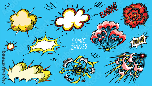 Hand drawn collection of a comic bangs, bursts and explosions in 50s 60s style. Traditional inking illustration.