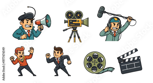Film production set elements cartoon style isolated