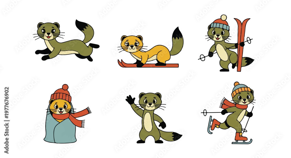 Fototapeta premium Cartoon weasels in various poses and winter activities against white background