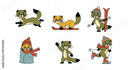 Cartoon weasels in various poses and winter activities against white background