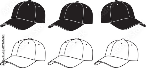 Black and white baseball caps isolated set.