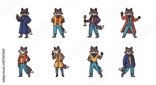 Stylized wolf characters in various outfits isolated on white background