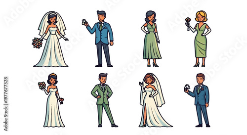 Wedding celebration illustration set diverse couples ceremony vector art
