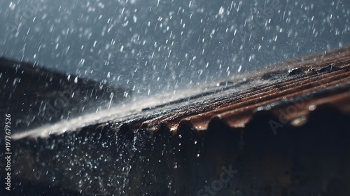Rainwater splashing off rooftop edge with droplets in motion.