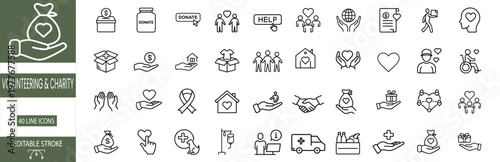 Volunteering and charity line icons set featuring donation box money jar helping hands heart in house and medical ambulance more vector illustration with editable stroke.