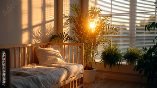 Serene Bedroom Sunrise: Golden Light Streams Through Window Illuminating a Crib with Lush Green Plants