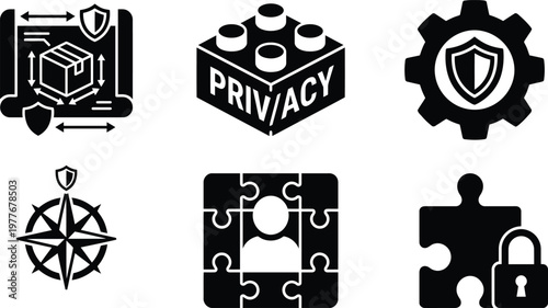 Vector silhouette set of privacy by design icons featuring PbD blueprint, building foundation, gear shield and security compass