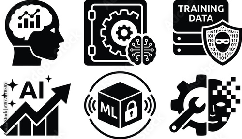 Vector silhouette set of machine learning privacy icons featuring robot brain chart, AI data vault, ML training box and predictive anonymization tool