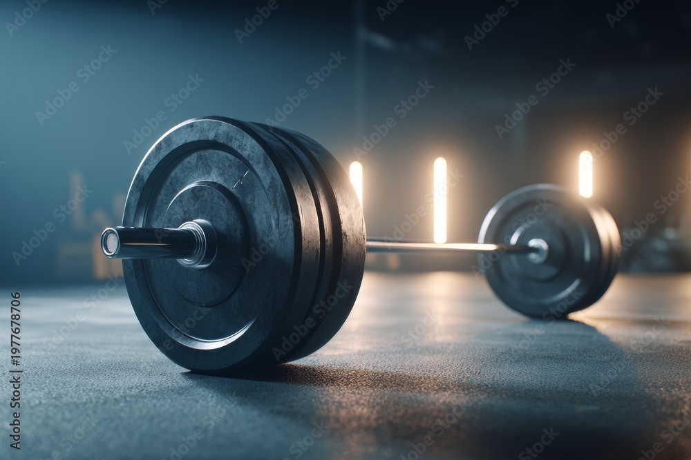 Fototapeta premium Barbell With Weight Plates on Gym Floor in Fitness Studio With Moody Lighting and Empty Space