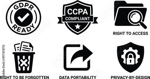 Vector silhouette set of GDPR CCPA compliance icons featuring ready stamp, right to be forgotten trash can, data portability and privacy by design shield