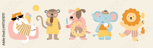 Lion, cat, monkey, dog, elephant standing eating ice cream cute creative kawaii cartoon mascot logo. Childish funny character, simple flat vector style in pastel colors. Swimwear, beach, summer funny.