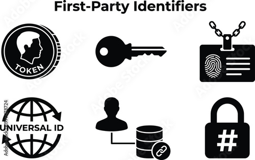 Vector silhouette set of first party identifiers icons featuring unique user token, login key, secure ID badge, universal globe and hashed lock