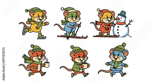 Cartoon mice in winter activities set on white background